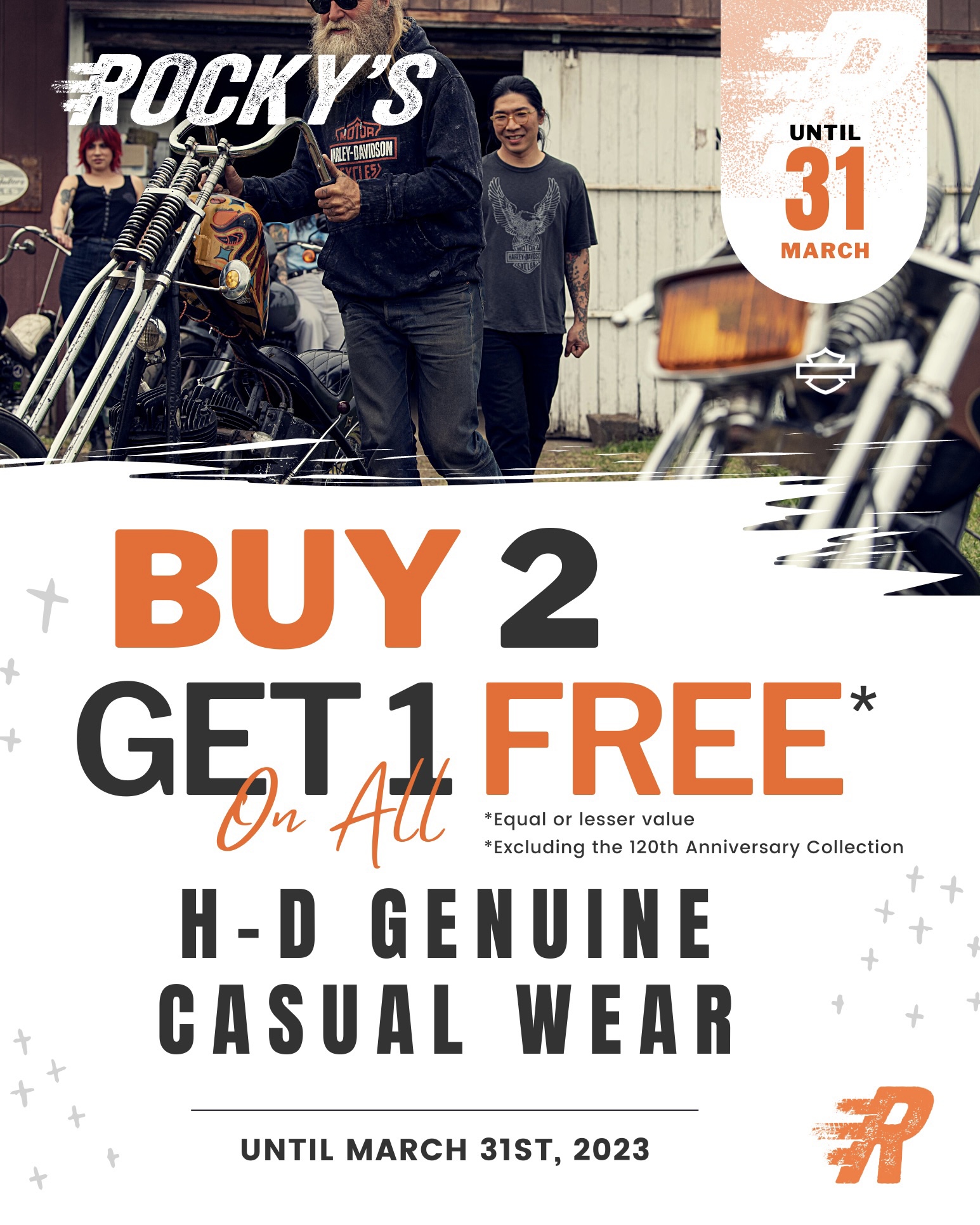 Buy 2 Get 1 Free on all H-D Genuine Casual Wear, Feb 1st - Mar 31st
