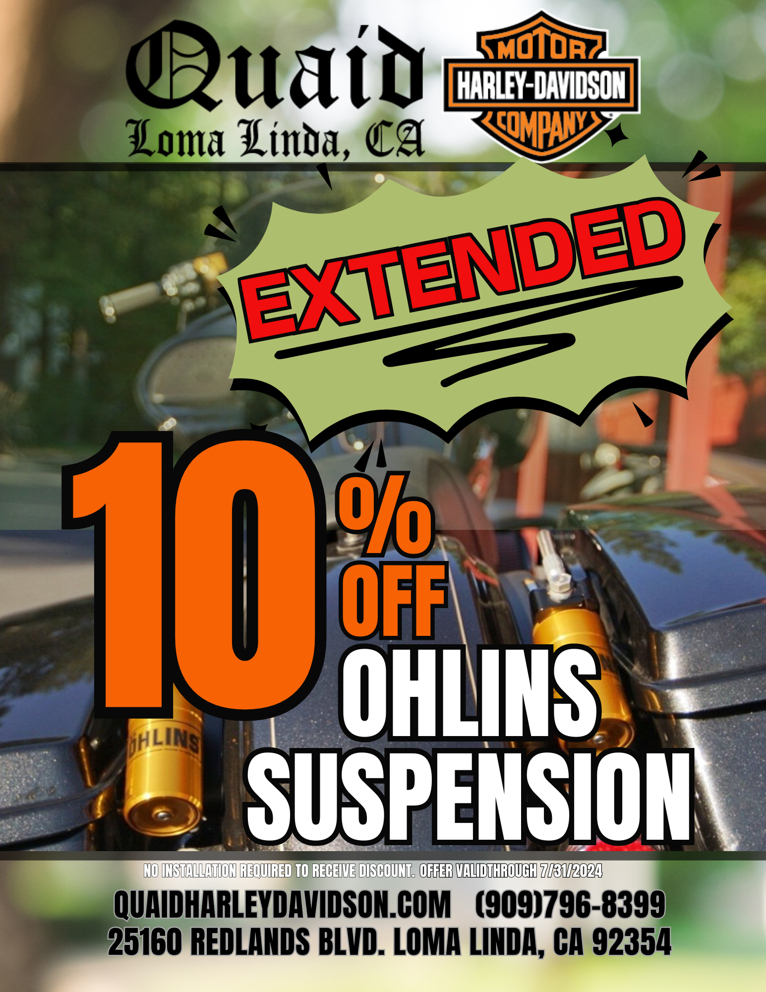 Quaid Harley-Davidson Ohlins suspension promotion, save 10%, extended through July 2024