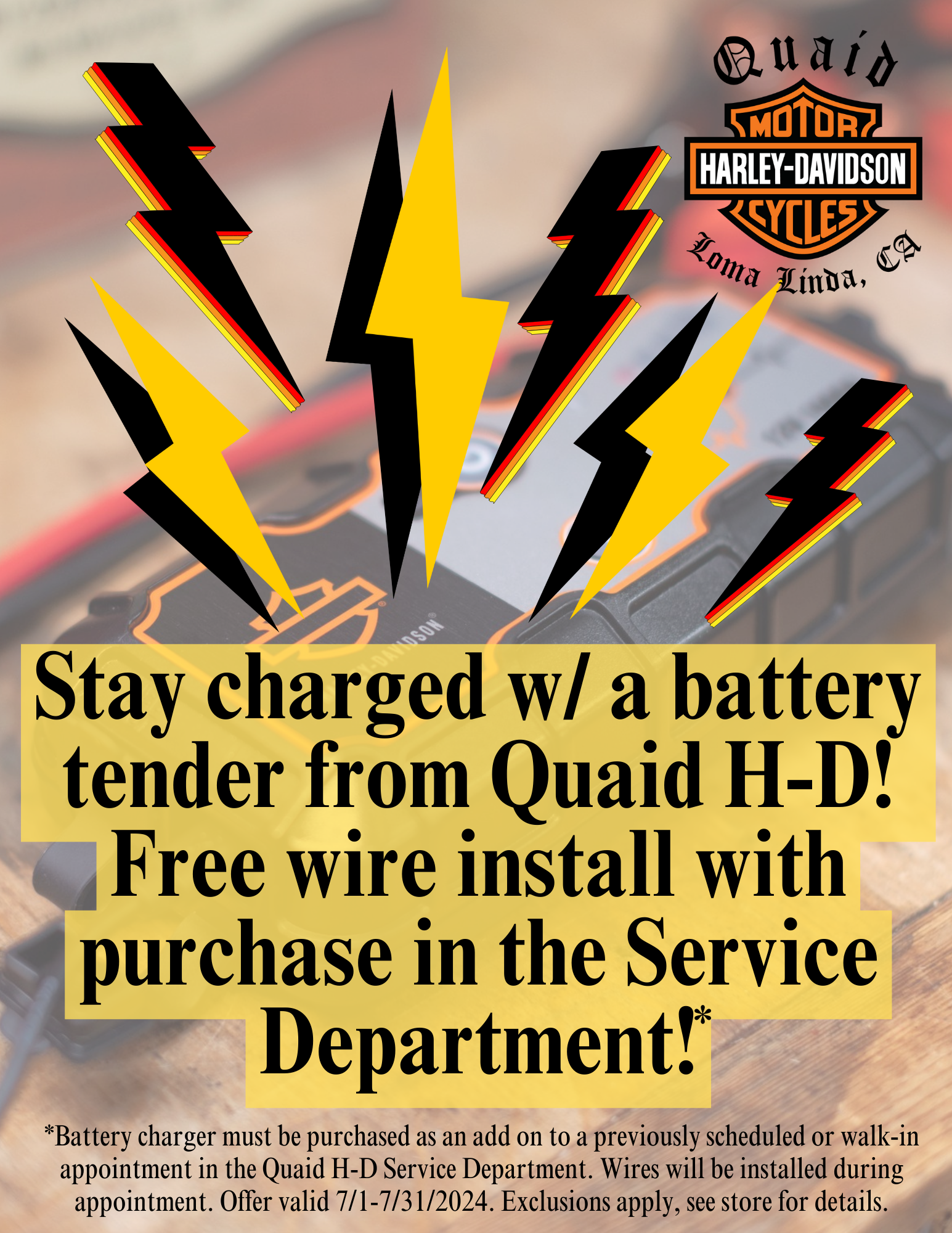 Buy a battery charger from the service department this month and we'll install the wires for free! 