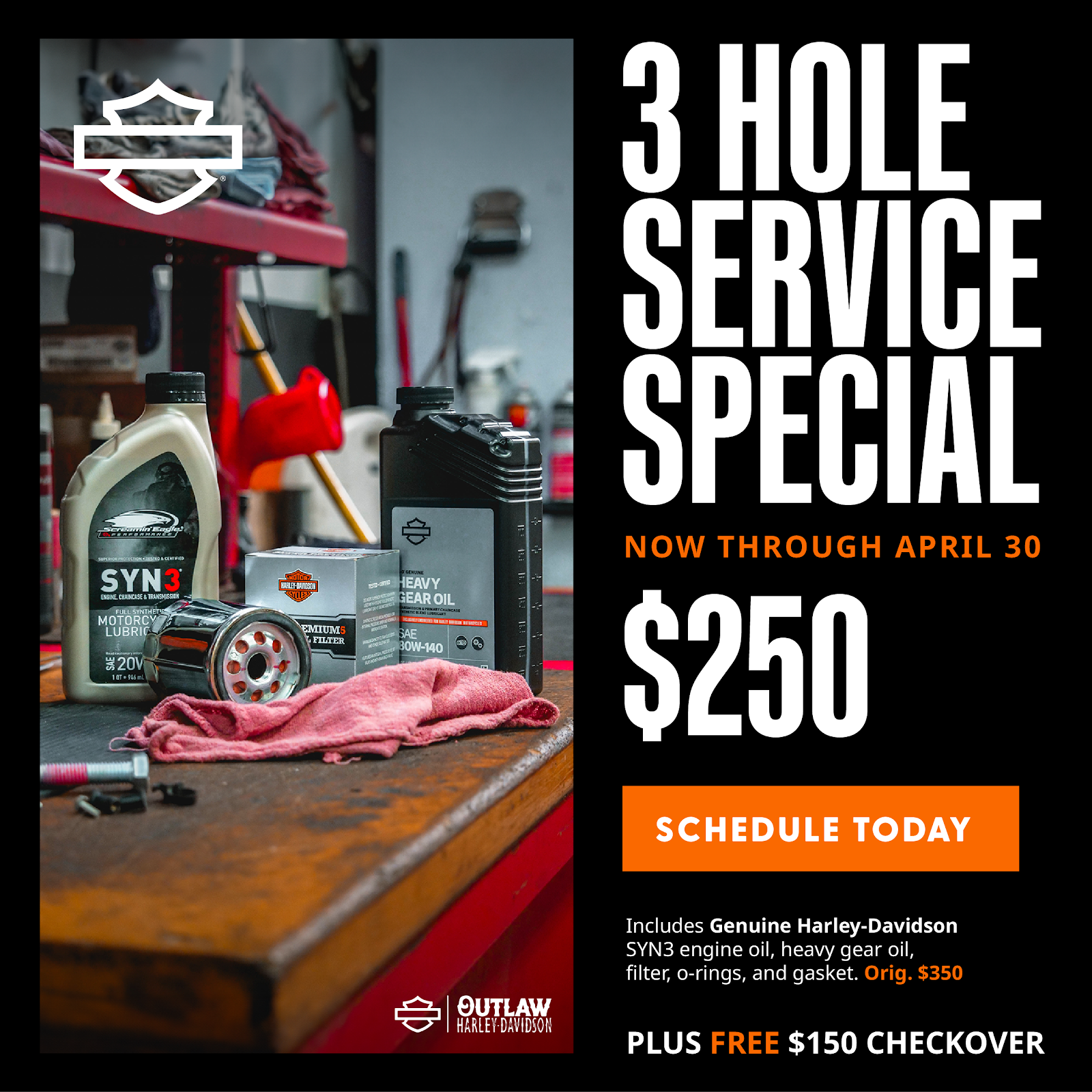 3 Hole Service Special at Outlaw Harley-Davidson Kansas City Missouri