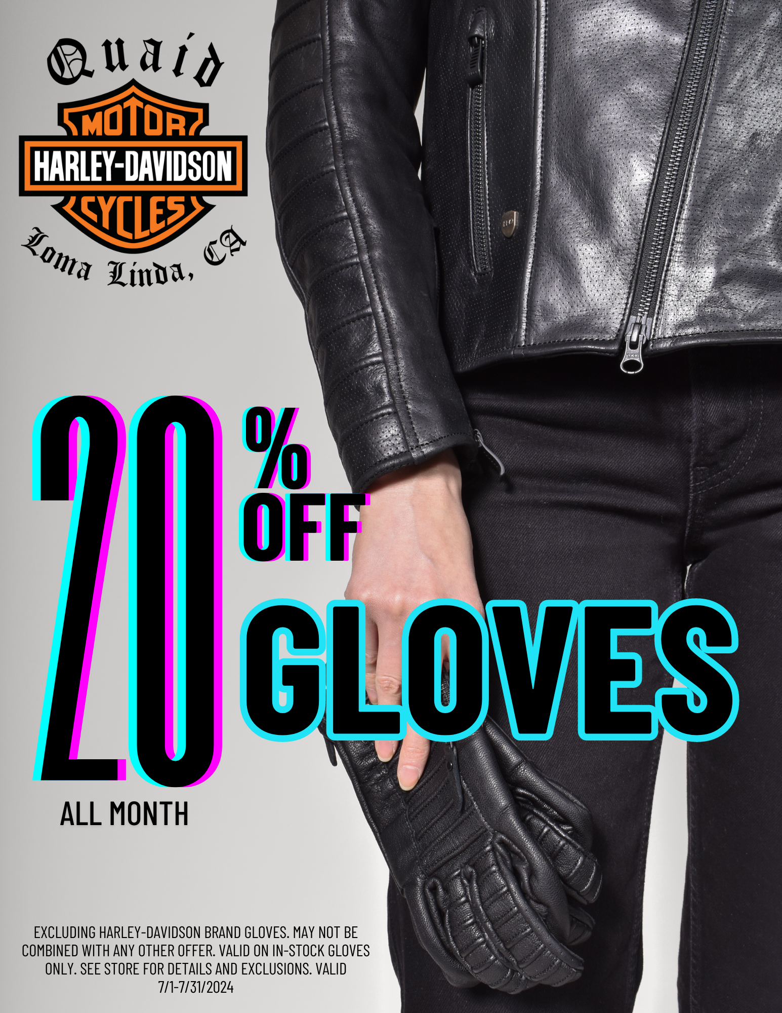 20% off of gloves at Quaid Harley-Davidson in July 2024