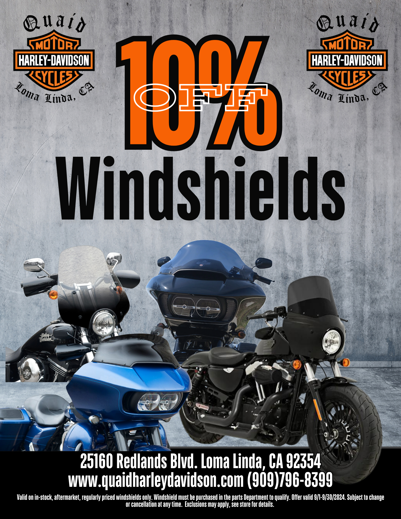 Quaid Harley-Davidson 10% off windshields in the Parts Department