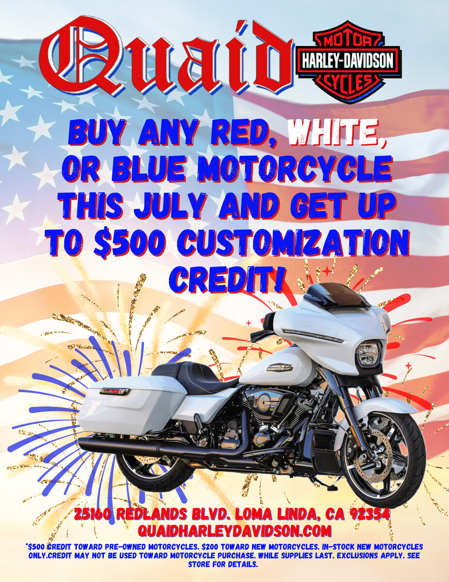 Get up to $500 in store credit with your motorcycle purchase at Quaid Harley-Davidson! 