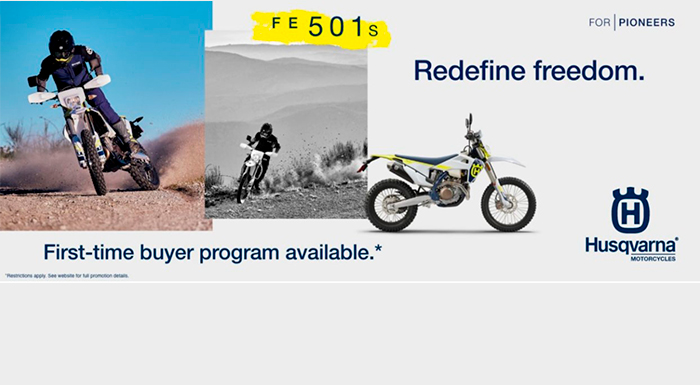 Husqvarna - Redefine freedom first time buyer program. at Five Star Cycle