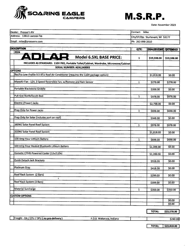 2024 Soaring Eagle Adlar 6.5 XL at Prosser's Premium RV Outlet